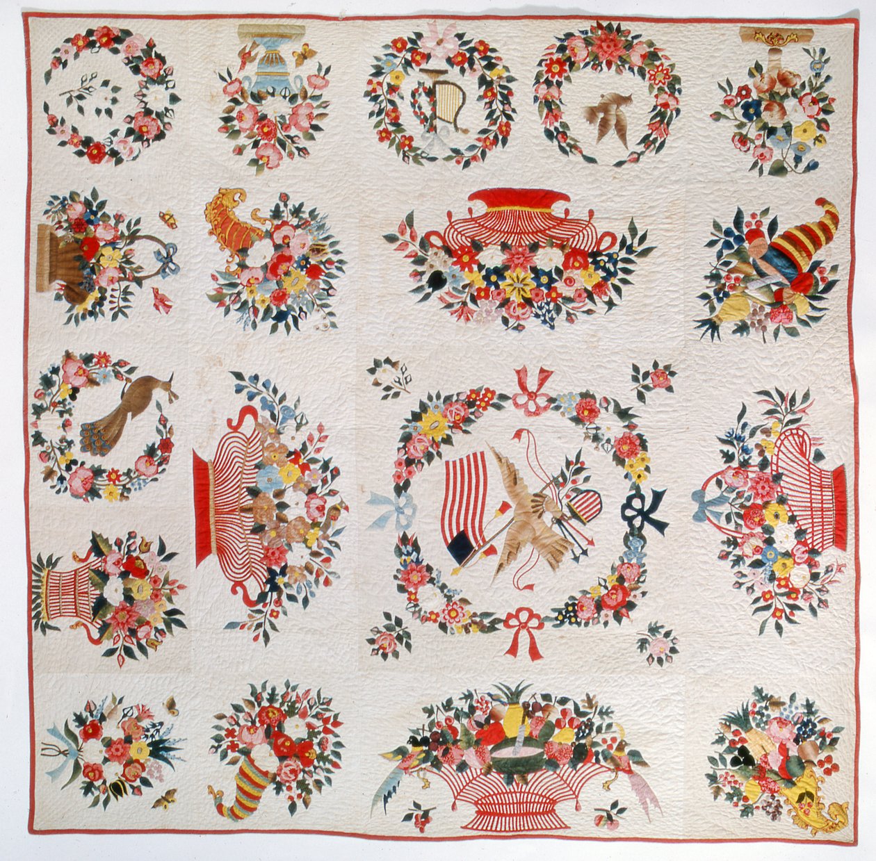 झंडा और फूल रजाई, c.1860 (कपास) द्वारा अमेरिकी स्कूल