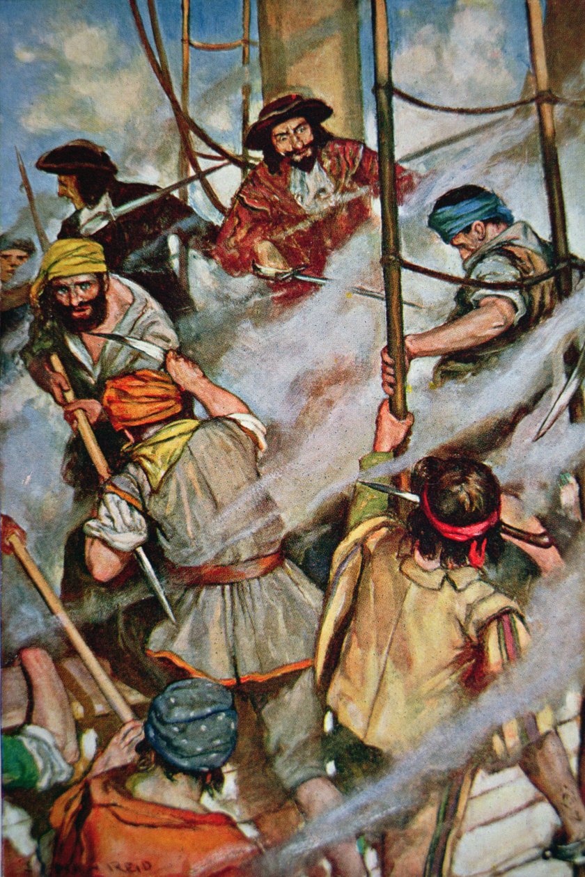 एक शिकार पोत पर सवार समुद्री डाकू (रंगीन लिथो) द्वारा अमेरिकी स्कूल