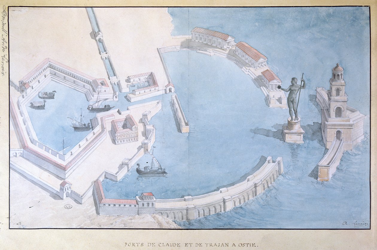 ओस्टिया के रोमन बंदरगाह का पुनर्निर्माण, c.1850 द्वारा आंद्रे लेनोर