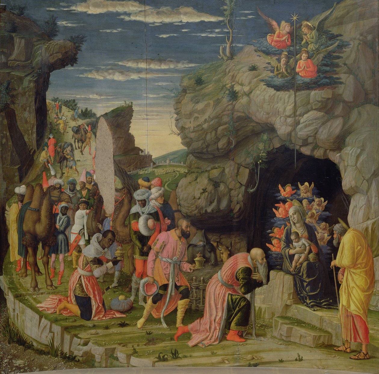 Magi की आराधना, अल्टारपीस का केंद्रीय पैनल, c.1466 (पैनल पर तापमान) (देखें 50042) द्वारा एंड्रिया मेंटेग्ना