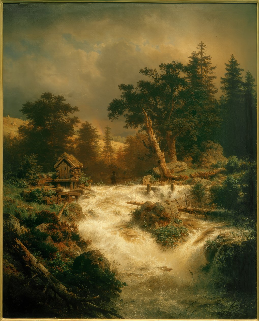 A.Achenbach, इंद्रधनुष के साथ नॉर्डिक झरना द्वारा एंड्रियास अचेनबैक