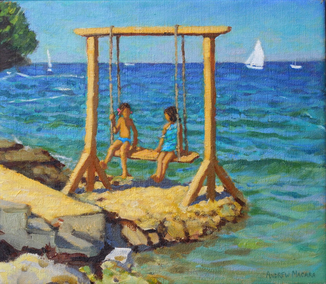 स्विंग, फंटाना, वर्सर, क्रोएशिया। 14x16" 2019 (कैनवास पर तेल) द्वारा एंड्रयू मकारा