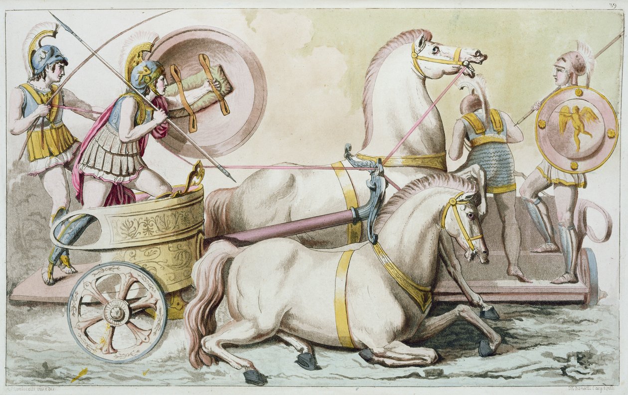 रोमन रथ, &39;रोमन कॉस्टयूम&39; से, डीके बोनाटी द्वारा उत्कीर्ण, c.1810 (एक्वाटिंट) द्वारा एंजेलो मोंटिसेली