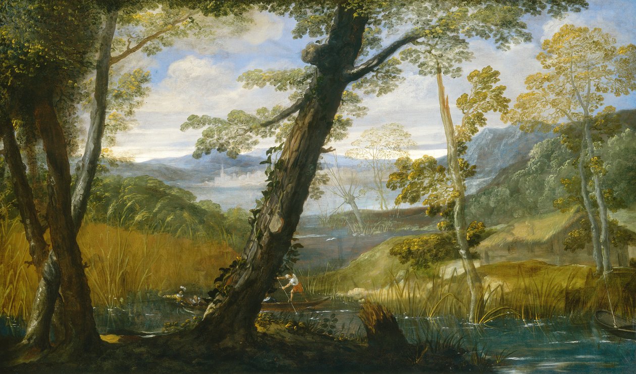 रिवर लैंडस्केप, c.1590 (कैनवास पर तेल) द्वारा एनीबेल कार्रेसी