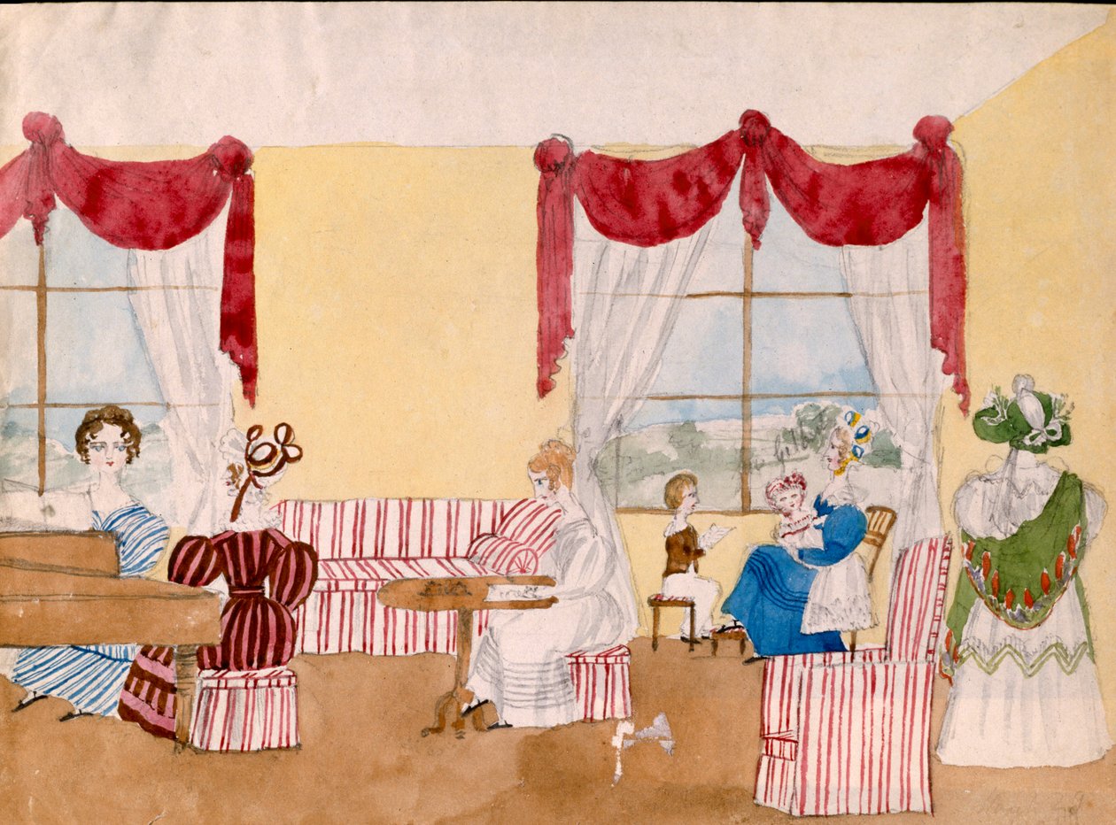 महिलाओं और बच्चों के साथ इंटीरियर, c.1830, ब्रिटिश, वॉटरकलर द्वारा अज्ञात अज्ञात