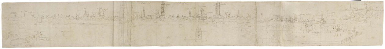 रेक्टो: दक्षिण-पश्चिम से ब्रुग्स के दृश्य के लिए प्रारंभिक स्केच, 1558 (काले चाक के निशान पर कलम और भूरी स्याही) द्वारा एंथोनीस वैन डेन Wyngaerde