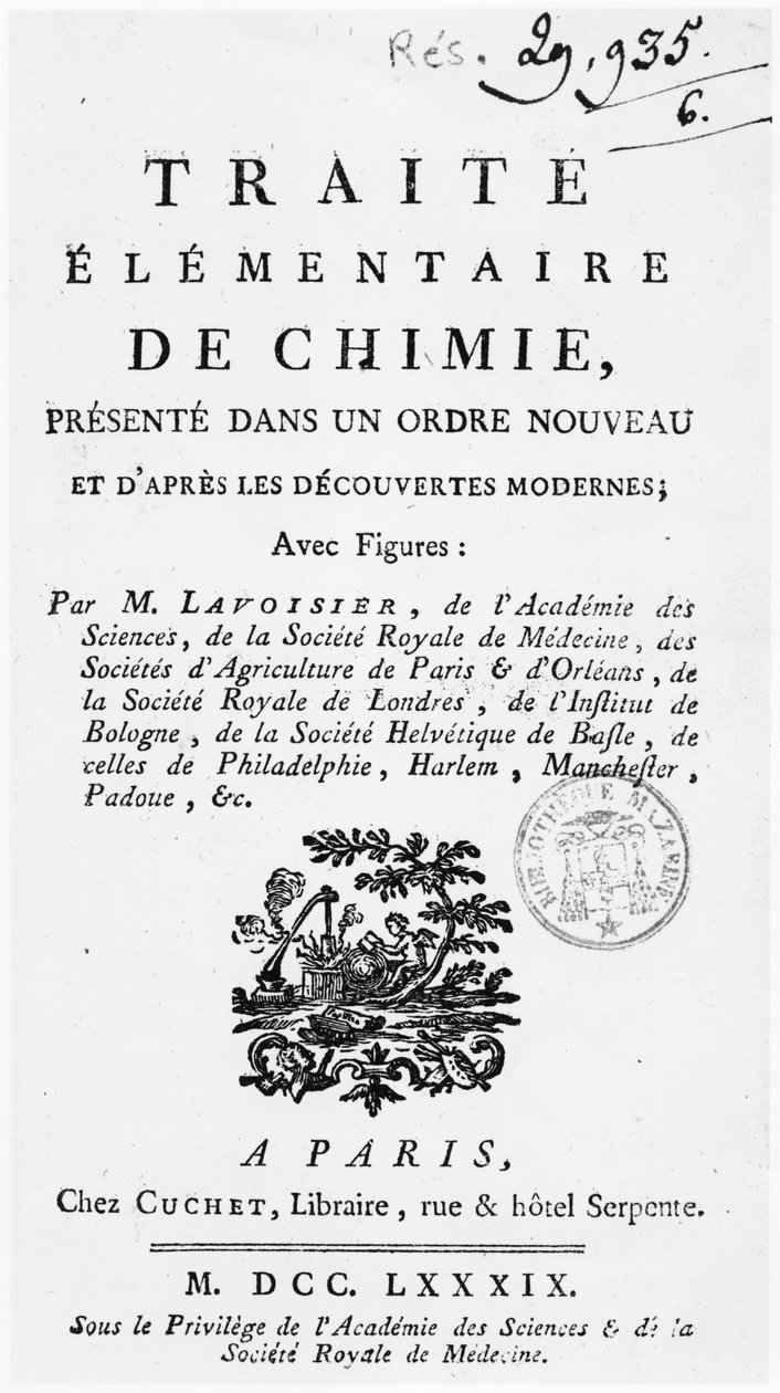 पेरिस में प्रकाशित ary एलिमेंट्री केमिस्ट्री ’का शीर्षक पृष्ठ, 1789 द्वारा एंटोनी लॉरेंट डी लवॉज़ियर