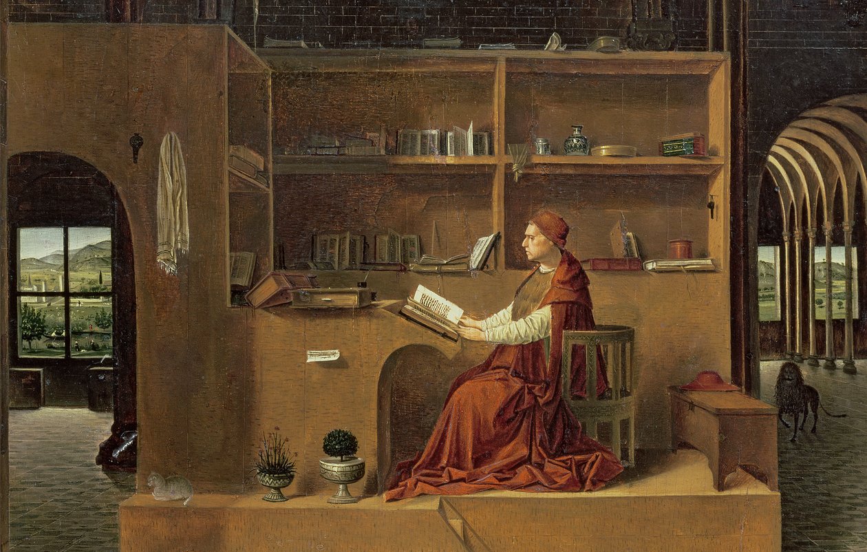 सेंट जेरोम अपने अध्ययन में, c.1475 (29420 का विवरण) द्वारा एंटोनेलो दा मेसिना