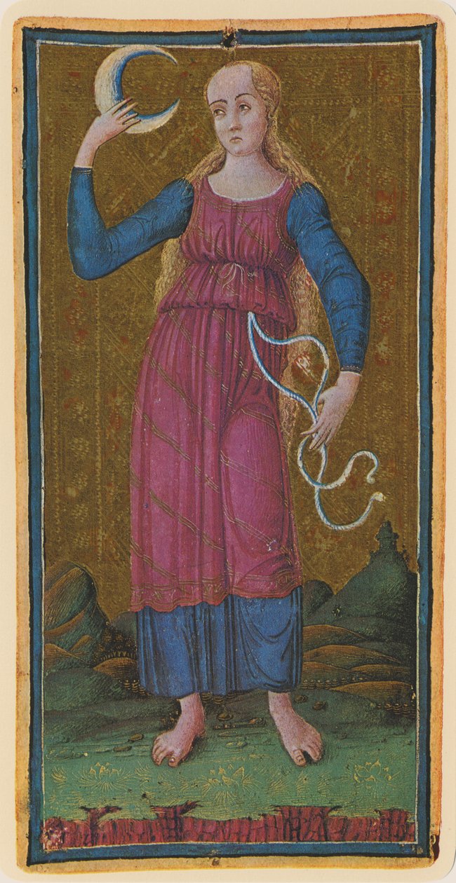 चंद्रमा, 1441-47 के &39;विस्कोन्टी&39; डेक से टैरो कार्ड का आकर्षण द्वारा एंटोनियो सिकोग्नारा