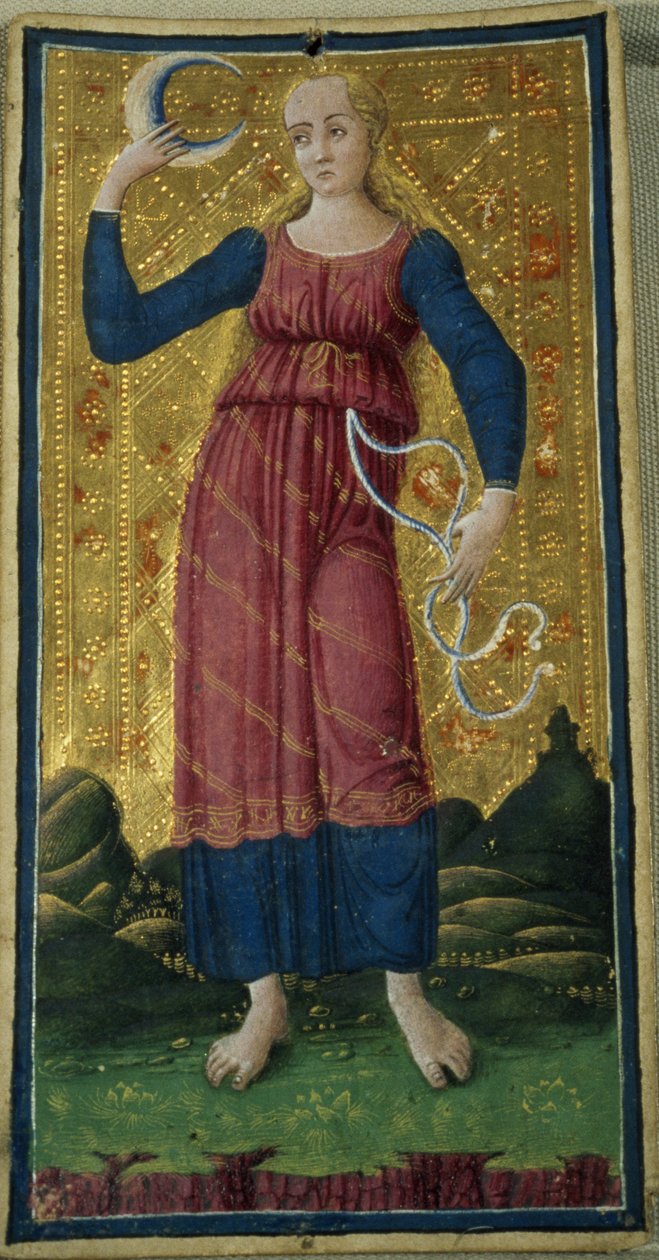 चंद्रमा, टैरो कार्ड, c.1490, (कार्ड पर गौचे और गिल्ट) द्वारा एंटोनियो सिकोग्नारा