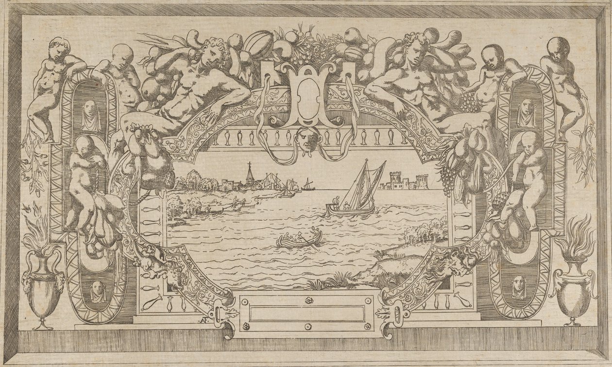 सजावटी फ्रेम के साथ लैंडस्केप, सीए। 1543. द्वारा एंटोनियो फैंटुज़ी