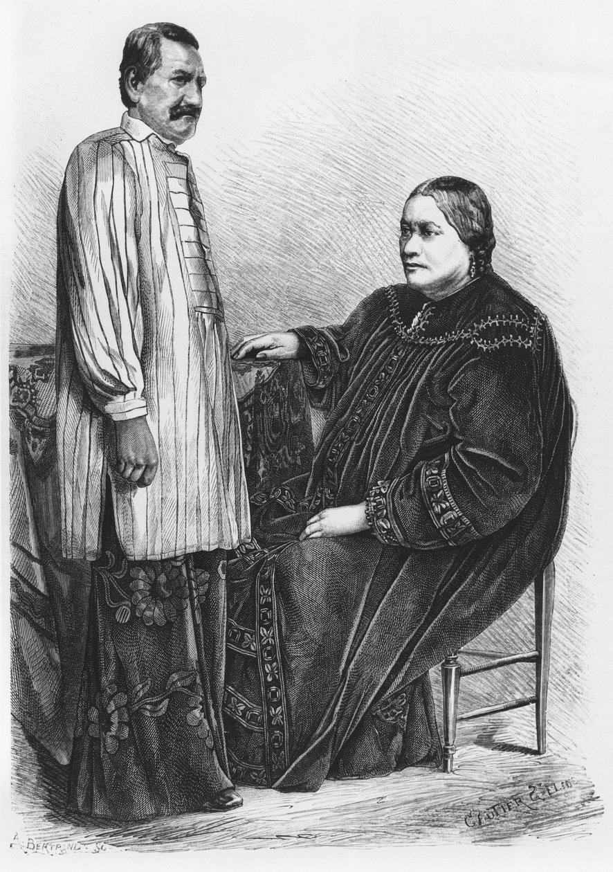 ताहिती और उनके पति की रानी पोमरे IV (1827-77), गौटियर, सेंट-एल्मे (b.1849) 1876 द्वारा उत्कीर्ण &39;ले टूर डू मोंडे&39; से दृष्टांत द्वारा अगस्टे बर्ट्रेंड