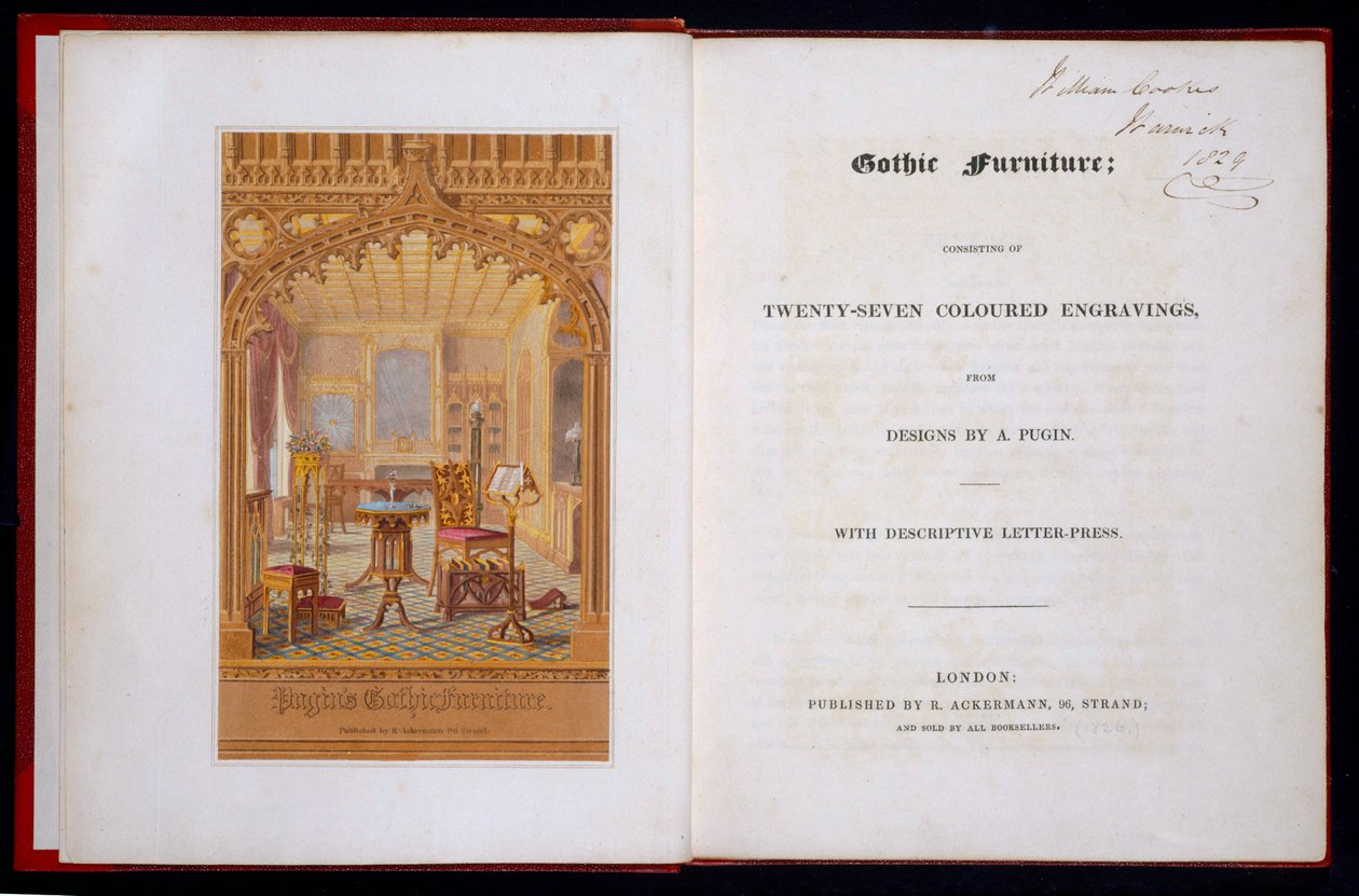 शीर्षक पृष्ठ और गोथिक फर्नीचर, पुगिन, ऑगुतस चार्ल्स (1762-1832), 1826 का फ्रंट पीस द्वारा ऑगस्टस चार्ल्स पुगिन