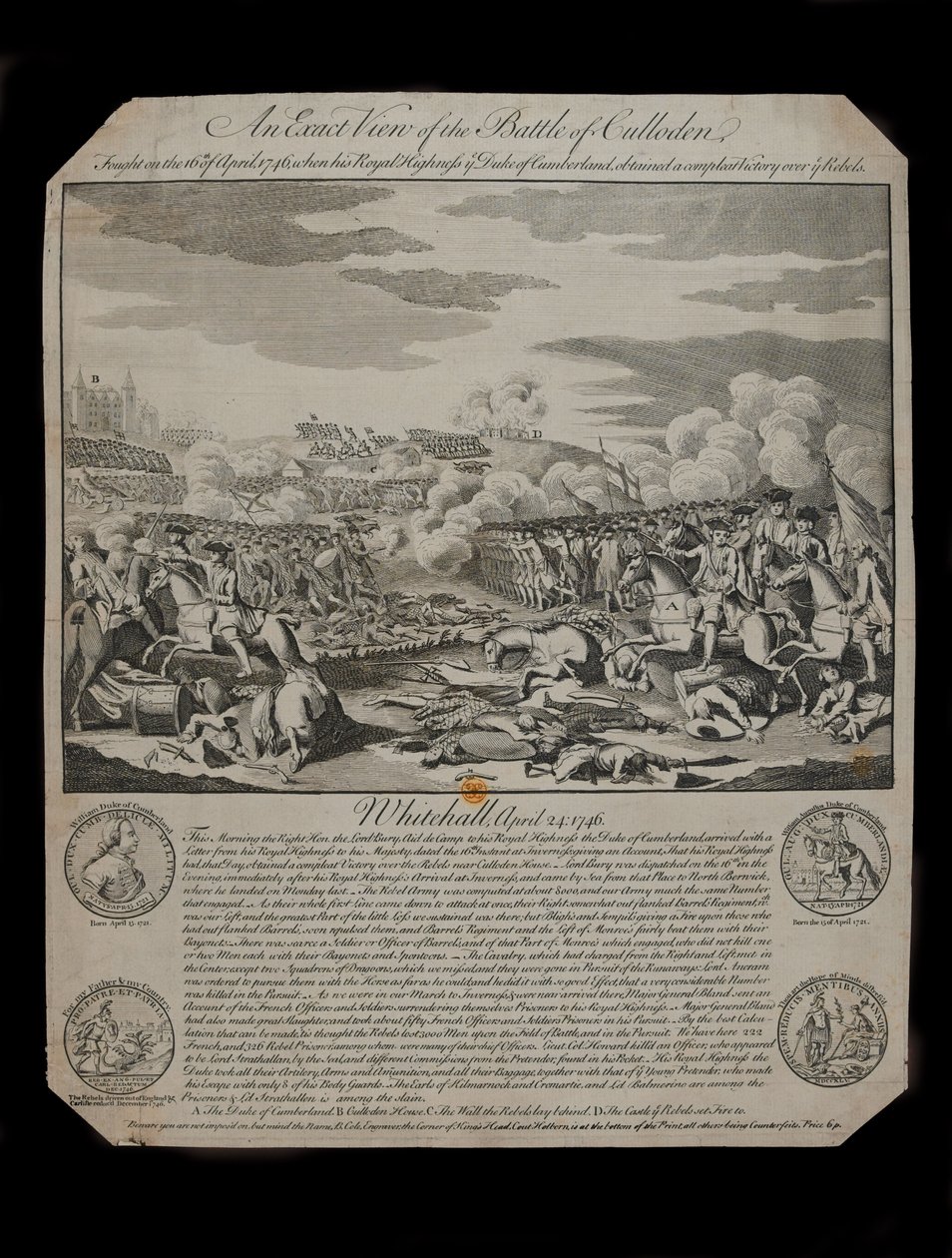 द कोल ऑफ़ द किंग्स हेड, होर्नबोर्न, लन्दन, 1746 में बी। कोल द्वारा प्रकाशित, कोलोडेन की लड़ाई का सटीक दृश्य द्वारा ख। कोल
