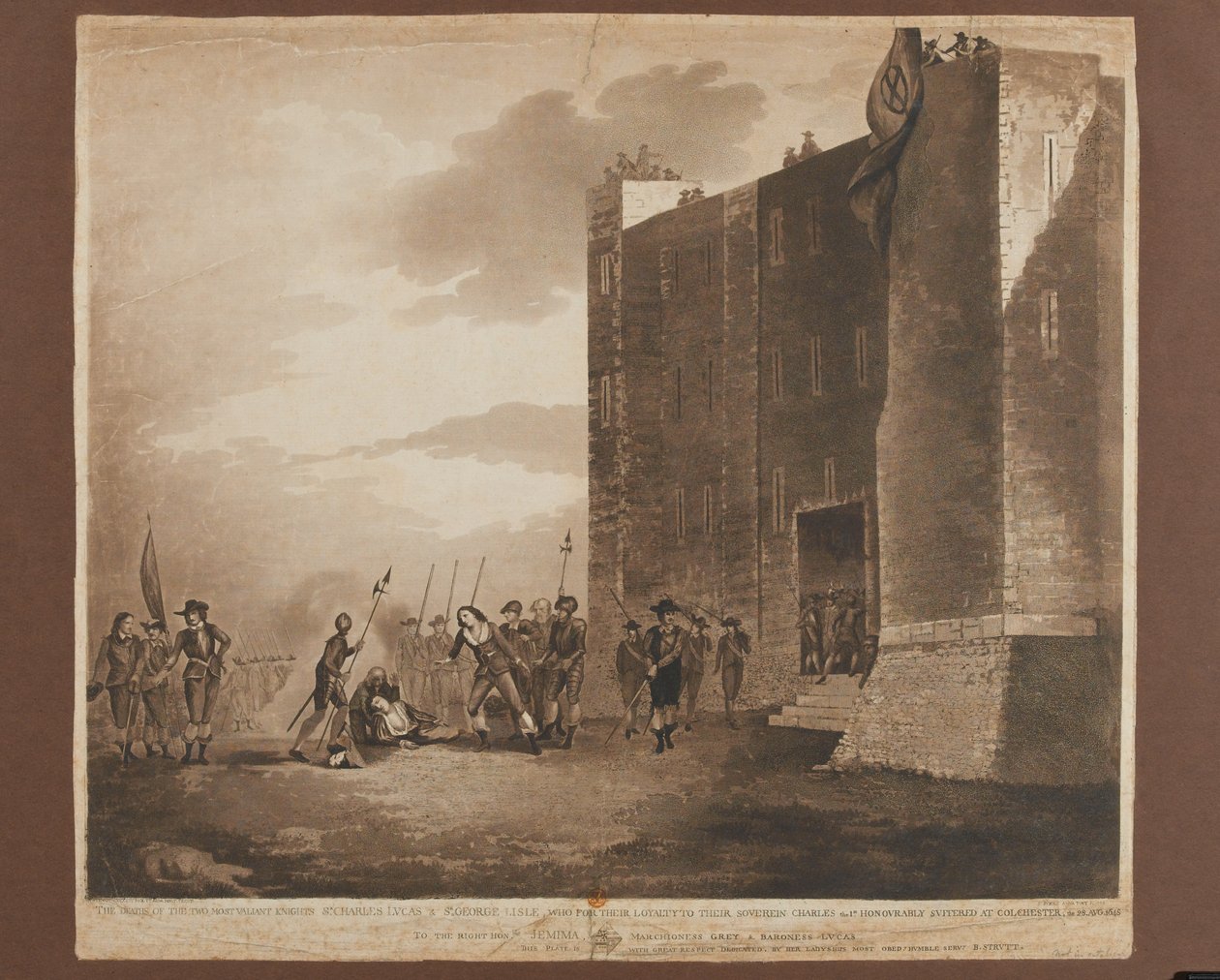 सर चार्ल्स ल्यूकस की मृत्यु (c.1612-1648), सर जॉर्ज लिस्ले (d.1648), 28 अगस्त 1648, 1748 में प्रकाशित एफ जुकेस द्वारा उत्कीर्ण, (रंगीन एक्वाटिंट) द्वारा ख। स्ट्रैट