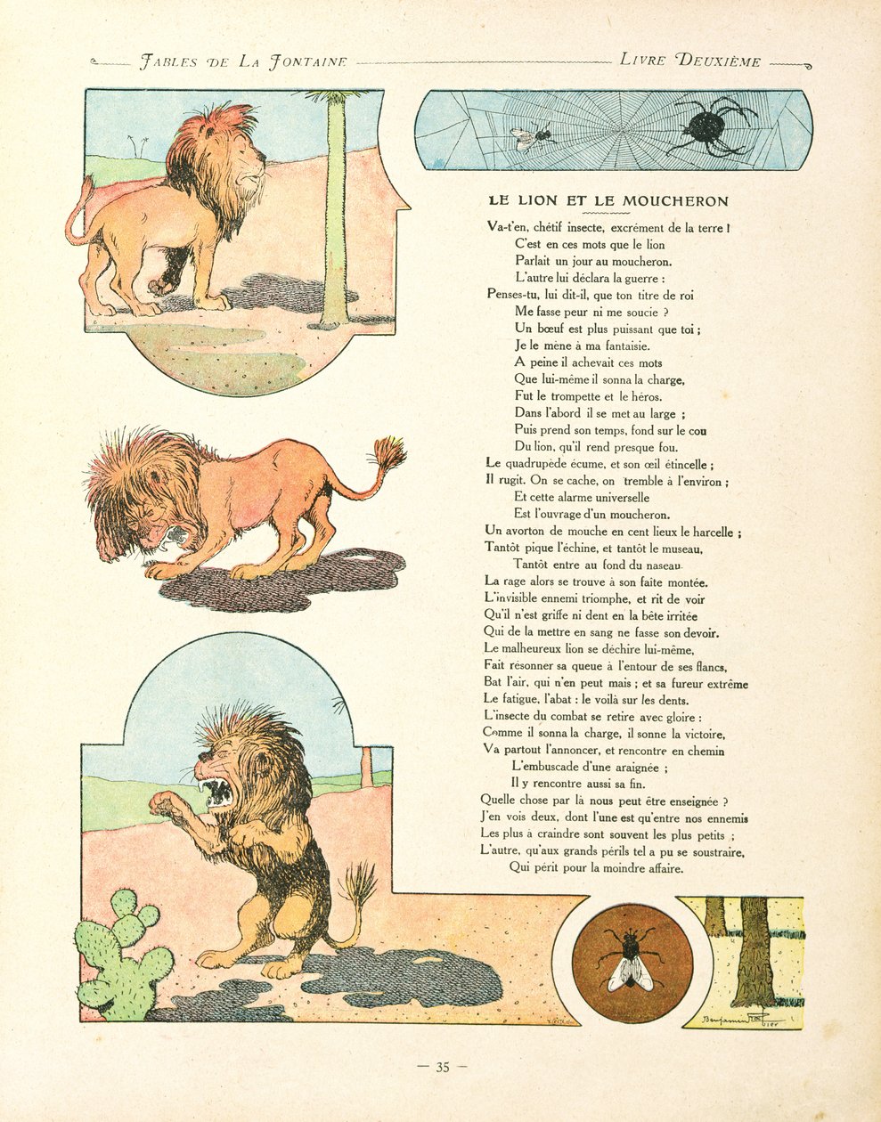 जीन डी ला फोंटेन द्वारा 1906 संस्करण &39;द फैबल्स&39; का शेर और द ग्नट, चित्रण द्वारा बेंजामिन राबियर