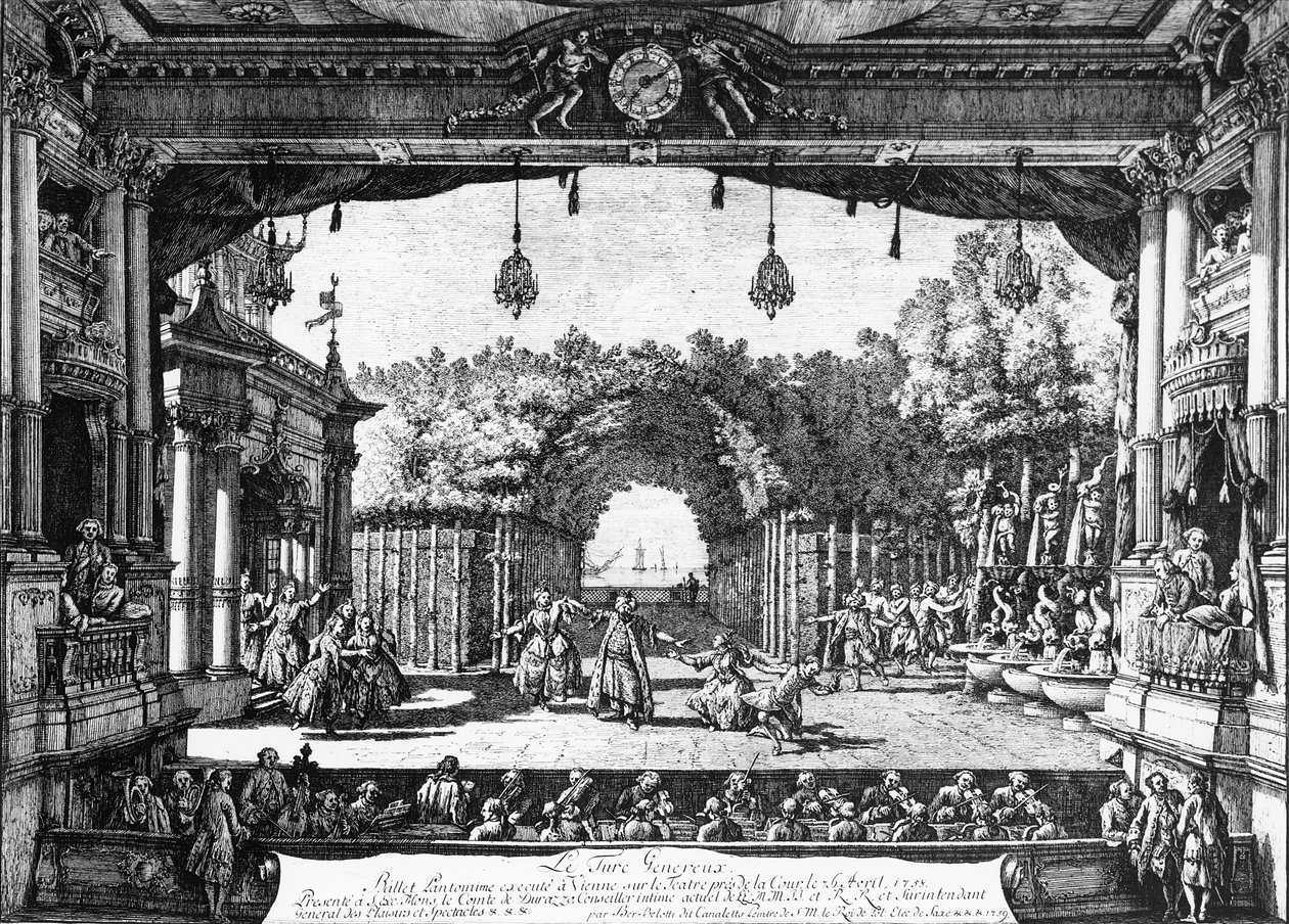 6 अप्रैल 1758 को वियना में &39;ले टर्क जेनरेक्स&39; का प्रदर्शन, 1759 में प्रकाशित द्वारा बर्नार्डो बेलोट्टो (कैनेलेटो)