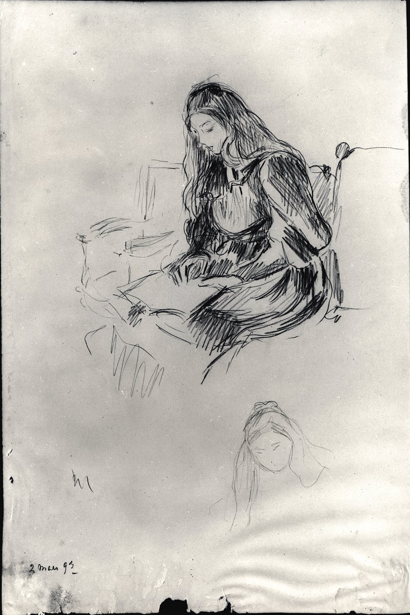 जूली मैनेट (1878-1966) पढ़ना, 2 मार्च 1893 (कागज पर काली सीसा) द्वारा बर्थे मोरिसोट