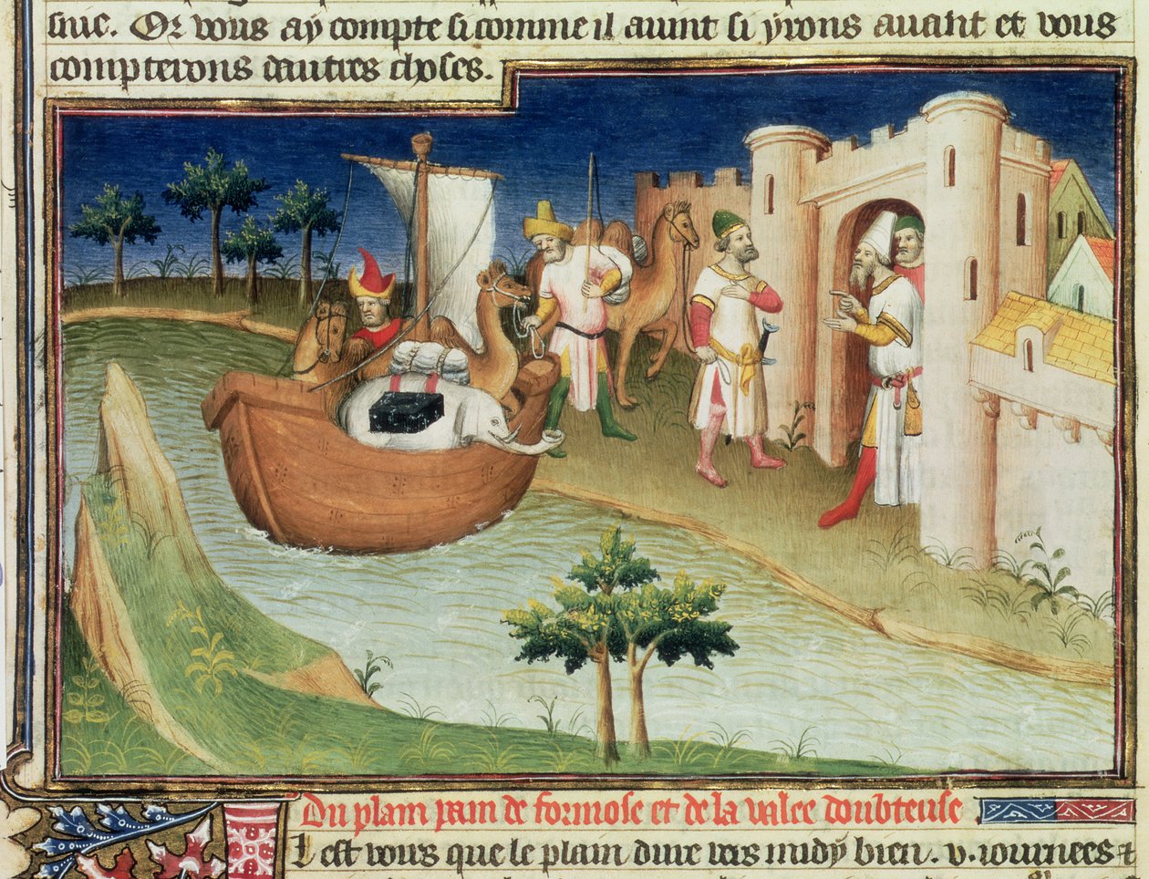 Ms Fr 2810 f.14v, हाथियों के साथ मार्को पोलो और भारत से फारस की खाड़ी के होर्मुज पहुंचने वाले ऊंट &39;लिवर दे मर्सिल्स डू मोंडे&39; से, c.1410-12 (वेल्लम में तड़का) द्वारा बाउकाइक मास्टर