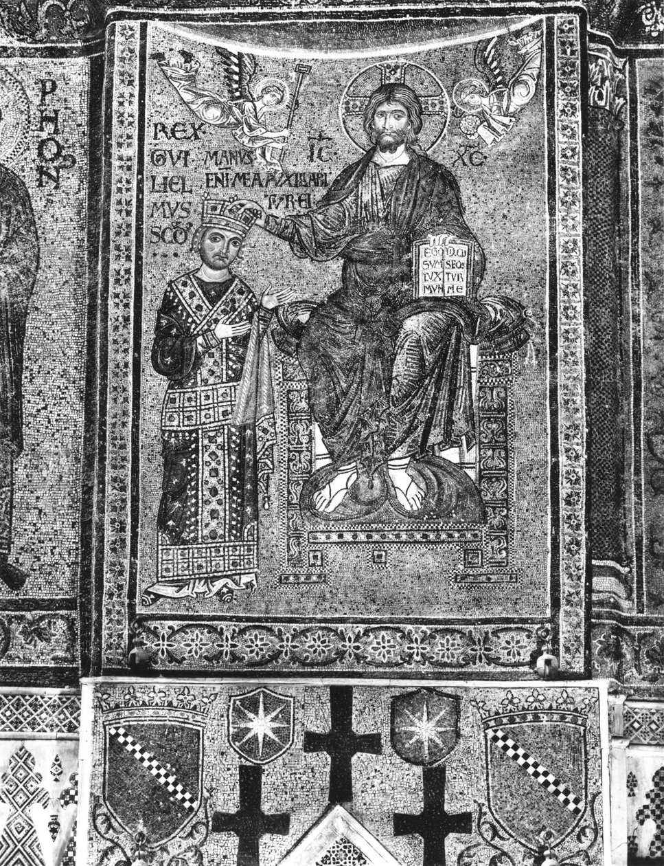 विलियम II (1154-89) सिसिली के राजा क्राइस्ट (मोज़ेक) से मुकुट प्राप्त करते हैं द्वारा बीजान्टिन स्कूल