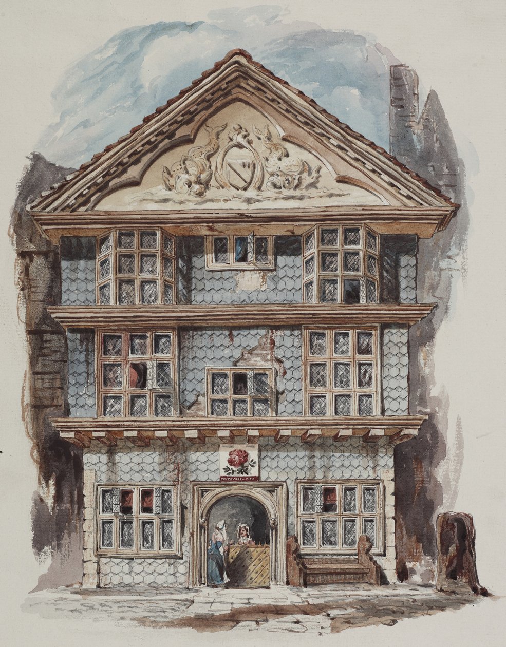 1730 में रोज टैवर्न, फेनचर्च स्ट्रीट का भूतलक्षी दृश्य, c.1805 (कागज पर wc) द्वारा सी। विलियम्स
