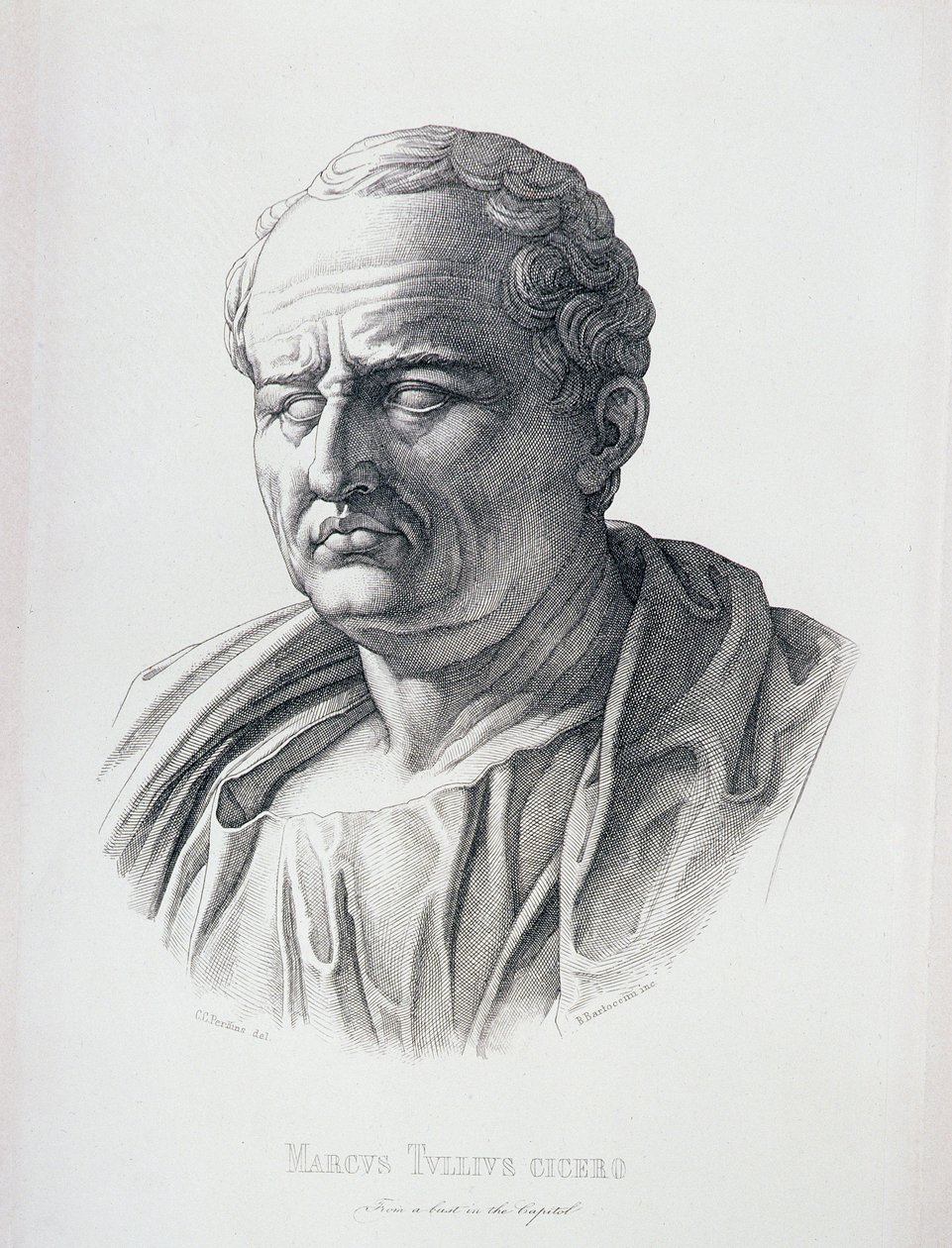मार्कस ट्यूलियस सिसेरो (106-43 ईसा पूर्व) का चित्रण B.Bartoccini, 1849 द्वारा उत्कीर्ण किया गया द्वारा सीसी पर्किन्स