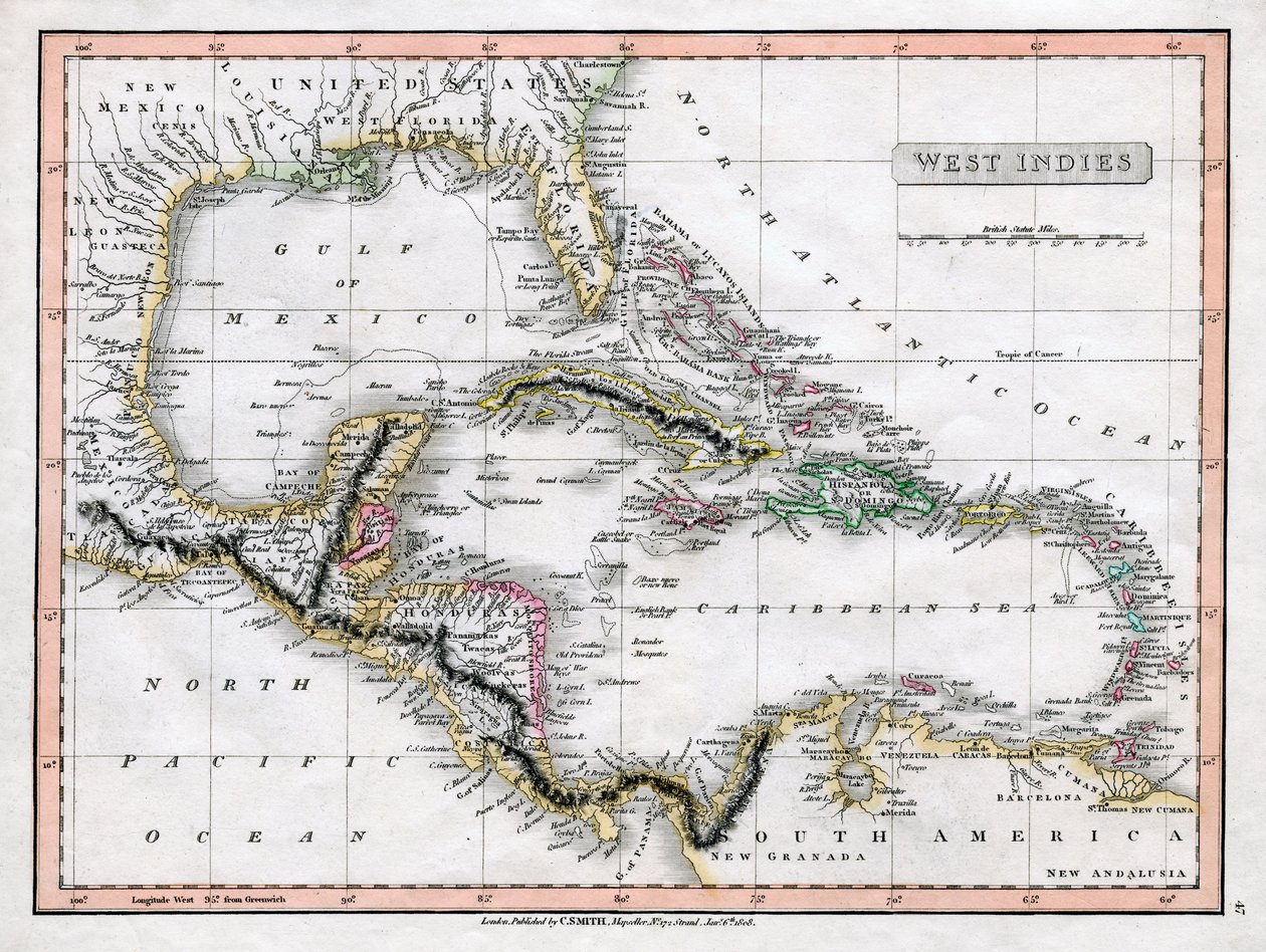 वेस्ट इंडीज का नक्शा, 1808। द्वारा सी स्मिथ