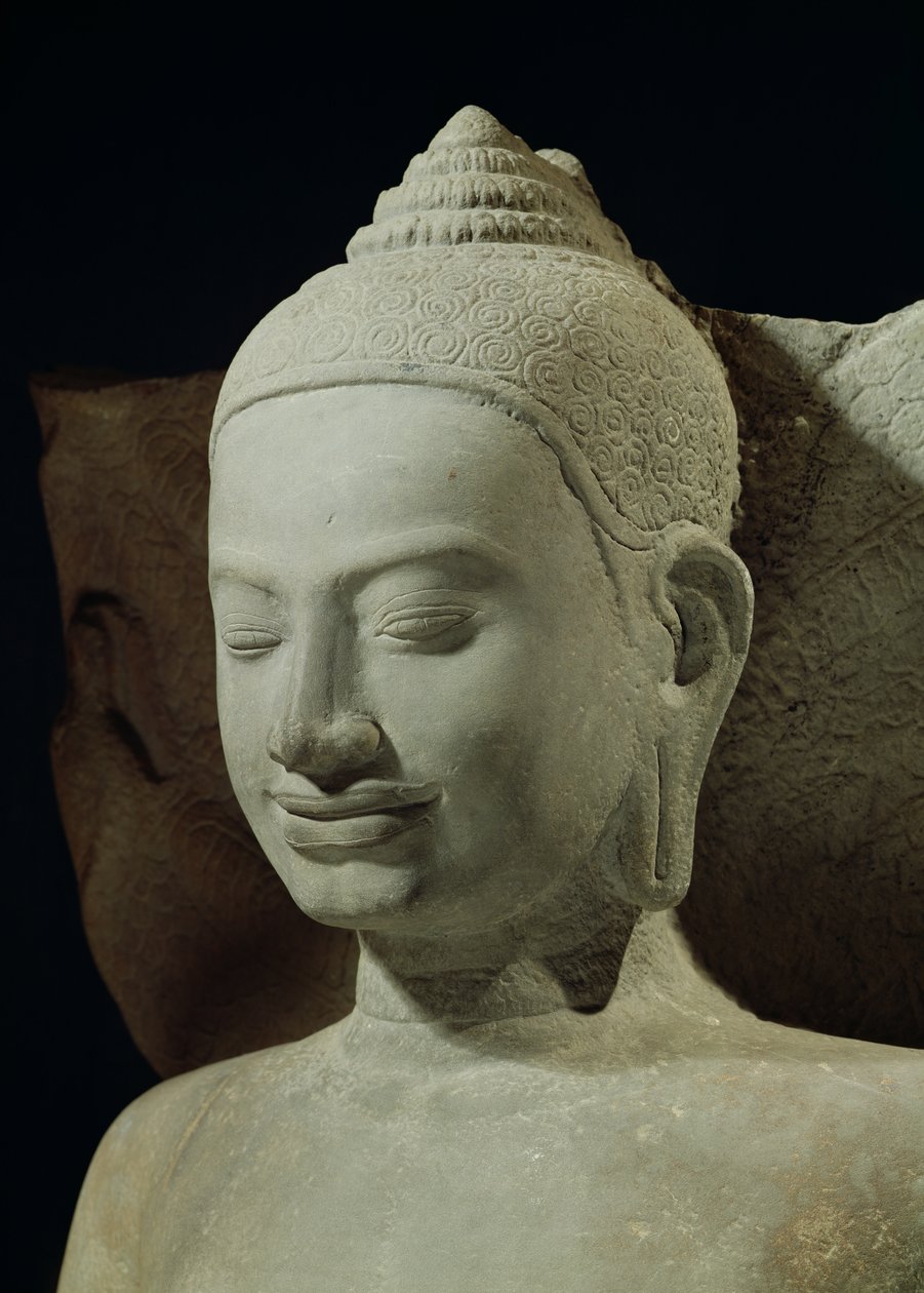 बुद्ध पर ध्यान में नागा राजा, मुसिलिंडा, बुद्ध के सिर का विस्तार, प्राह खान, बेयोन शैली, 12 वीं -13 वीं सदी के बलुआ पत्थर से द्वारा कंबोडियन स्कूल