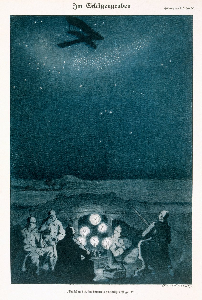 खाइयों में, एक जर्मन पत्रिका सिंपलिसिसिमस से चित्रण, c.1915 द्वारा कार्ल ओलोफ़ पीटरसन