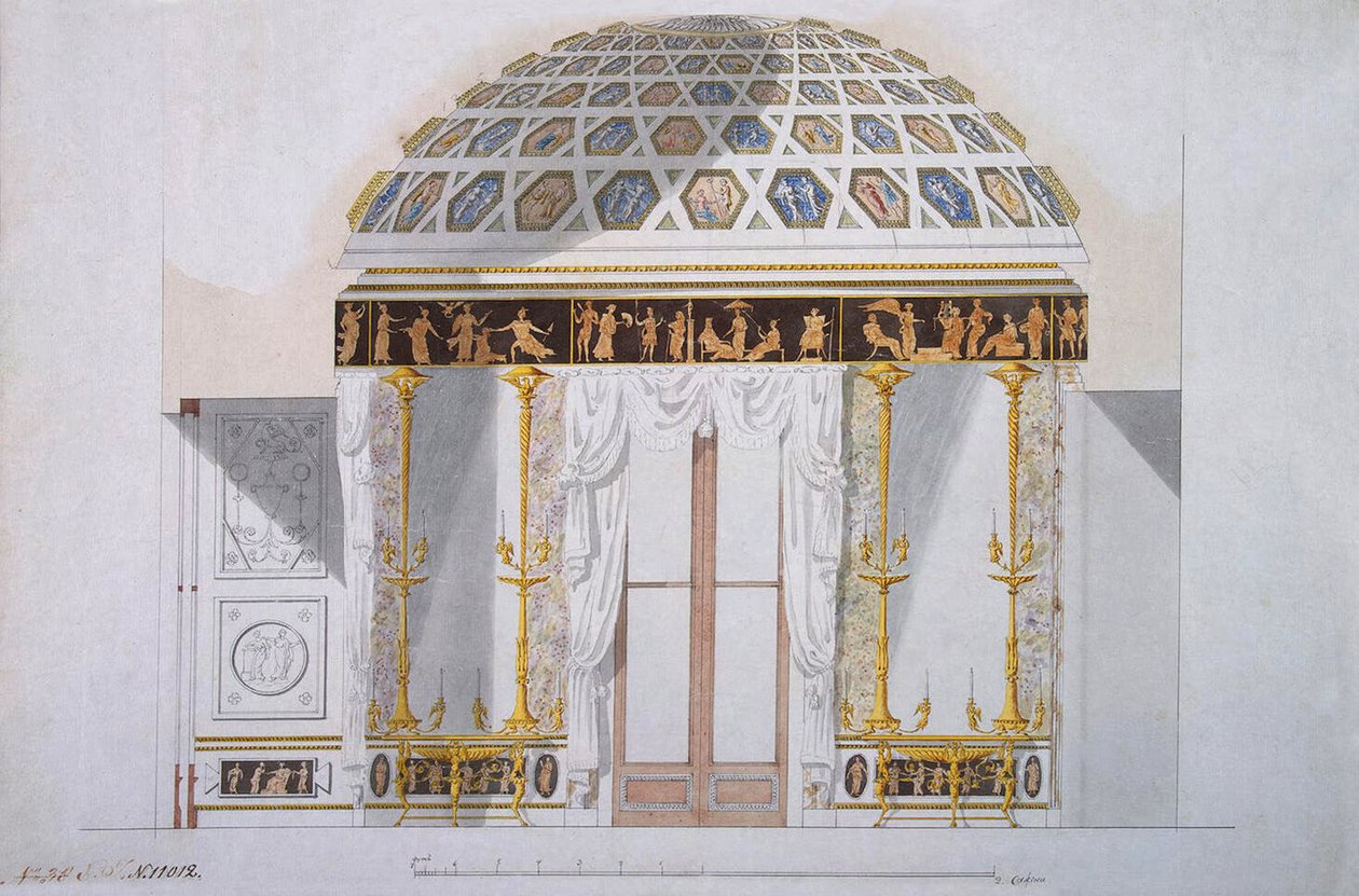 Tsarskoye Selo में अगेती मंडप में जैस्पर कैबिनेट के लिए डिजाइन, c.1780 (कागज पर wc के साथ कलम und स्याही) द्वारा चार्ल्स कैमरन