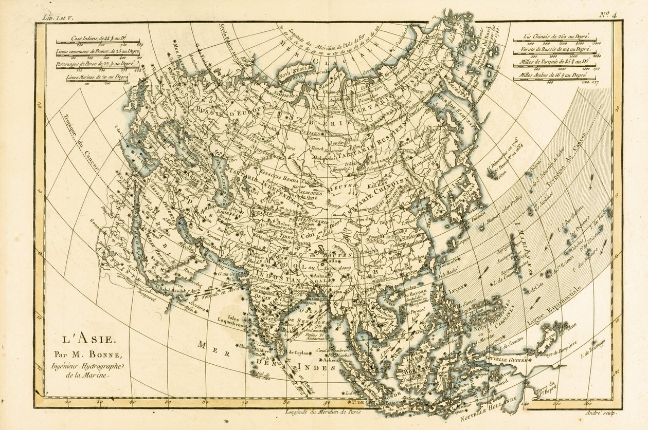 गुइलियूम रायनाल (1713-96) द्वारा जिनेवा, 1780 में प्रकाशित &39;एटलस ऑफ ऑल नोब पार्ट्स ऑफ द अर्थ ग्लोब&39; से एशिया द्वारा चार्ल्स मैरी रिगोबर्ट बोने