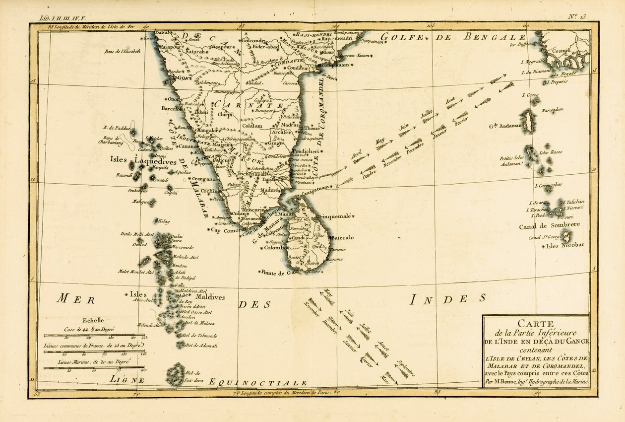 गिलियूम रायनाल (1713-96) द्वारा जेएल पेलेट, जिनेवा, 1780 में प्रकाशित &39;एटलस ऑफ़ ऑल नोज़ पार्ट्स ऑफ़ द अर्थ ग्लोब&39; से दक्षिणी भारत और सीलोन द्वारा चार्ल्स मैरी रिगोबर्ट बोने