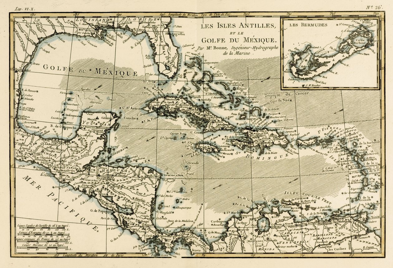 एंटिल्स और मेक्सिको की खाड़ी, गिलियूम रायनाल (1713-96) द्वारा जिनेवा, 1780 में प्रकाशित &39;एटलस ऑफ ऑल ज्ञात पार्ट्स ऑफ़ अर्थ ग्लोब&39; से द्वारा चार्ल्स मैरी रिगोबर्ट बोने