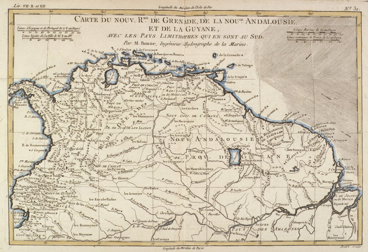 गिल्डा रेनाल (1713-96) जिनेवा, 1780 द्वारा ग्रेनाडा, न्यू एंडालुसिया और गुयाना के नए राज्यों, &39;एटलस ऑफ ऑल गाउन पार्ट्स ऑफ अर्थ ग्लोब&39; से द्वारा चार्ल्स मैरी रिगोबर्ट बोने