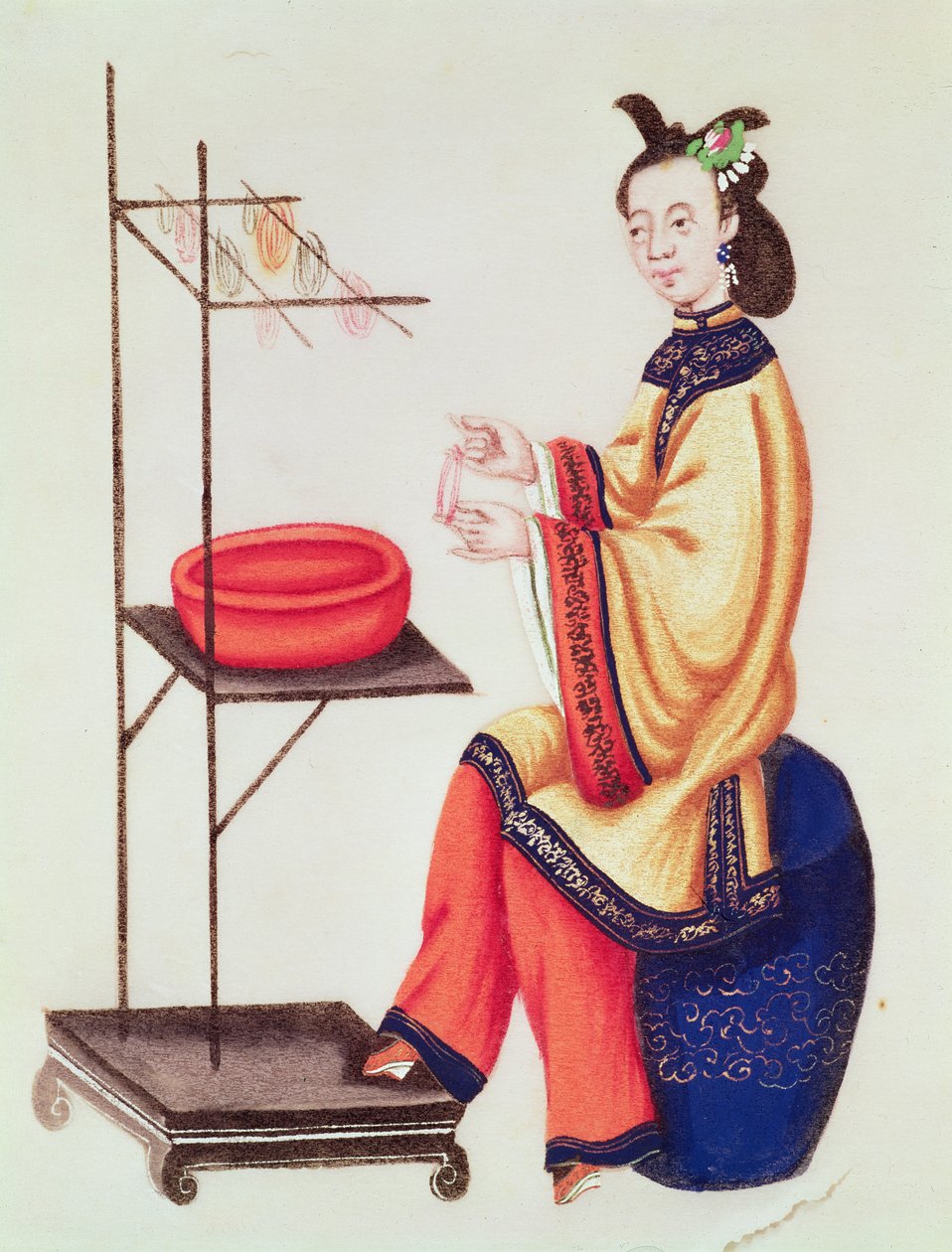 एक चीनी महिला जो एक बॉबिन बनाती है, कियानलॉन्ग पीरियड (1736-96) द्वारा चीनी स्कूल