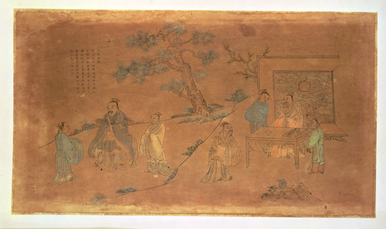 कन्फ्यूशियस के जीवन से दृश्य (c.551-479 ईसा पूर्व) और उनके शिष्यों, किंग राजवंश (1644-1912) (स्याही, wc und सेपिया वॉश पेपर द्वारा चीनी स्कूल
