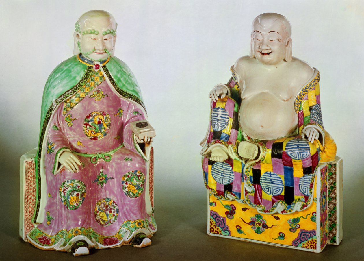 बुद्ध की दो आकृतियां, चिएन लूंग काल (1736-95) (चीनी मिट्टी के बरतन) द्वारा चीनी स्कूल