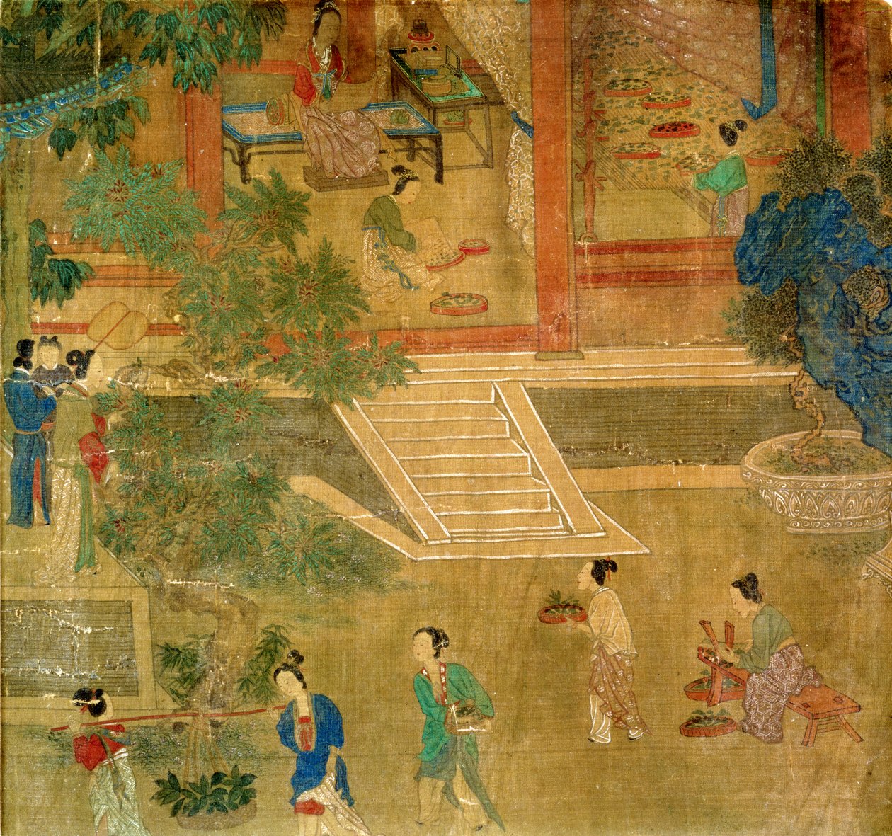 महिला हार्वेस्टिंग लीव्स, 1500 (चित्रित रेशम) द्वारा चीनी स्कूल