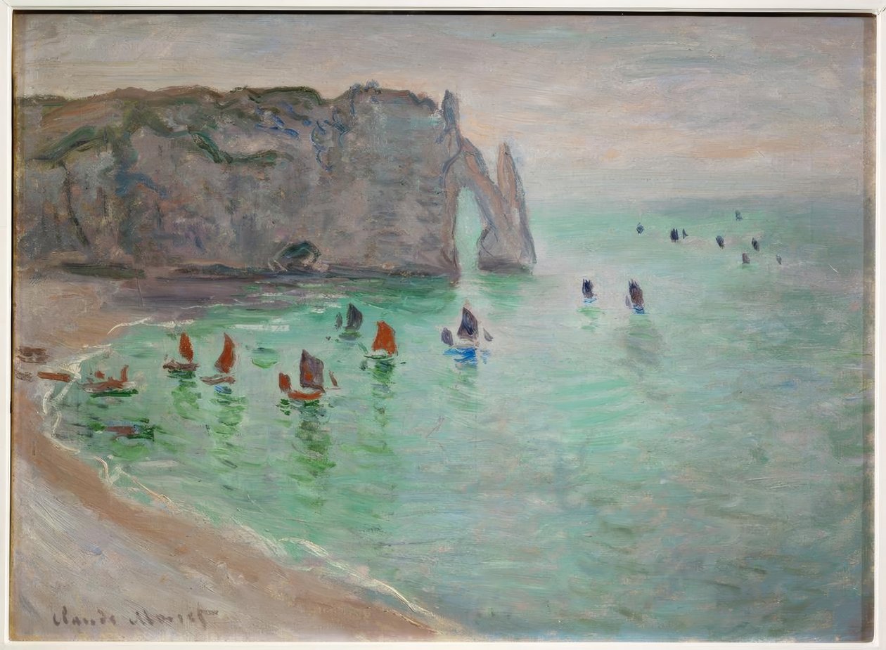 Etretat, Porte d&39;Aval: मछली पकड़ने वाली नौकाएँ बंदरगाह से निकलती हैं द्वारा क्लाउड मोनेट