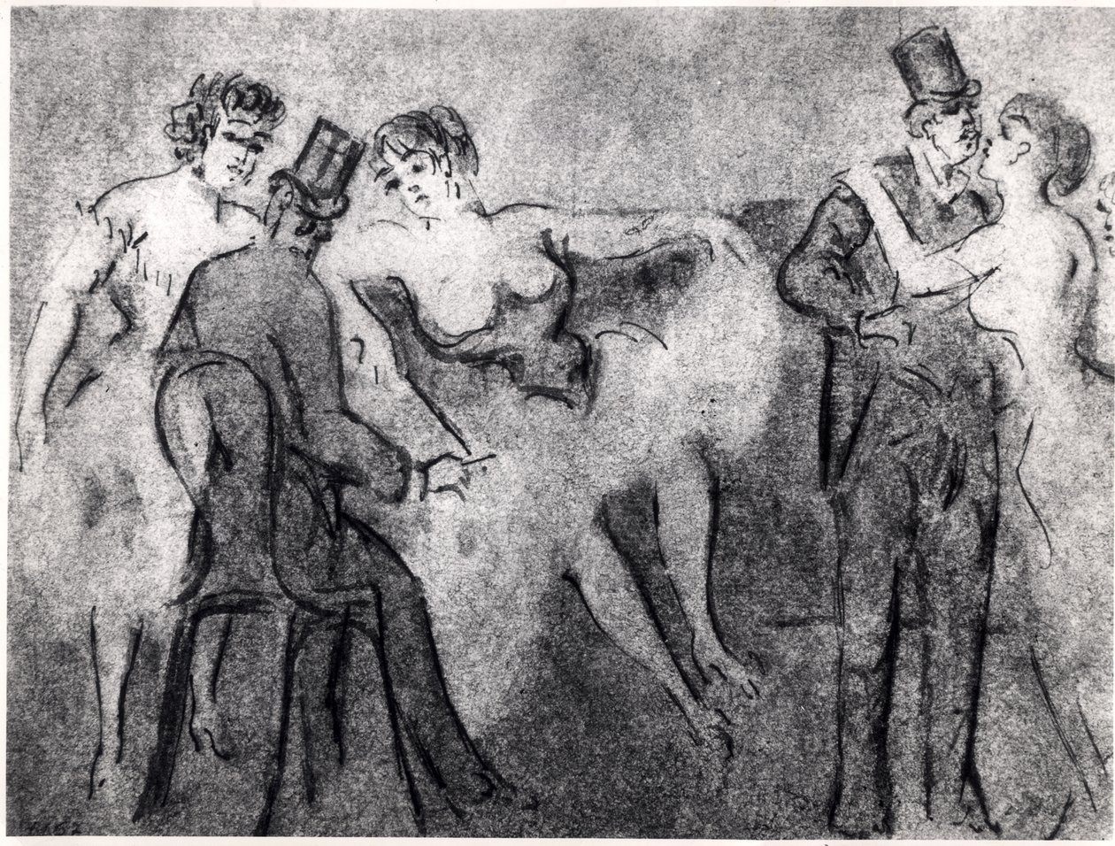 वेश्यालय में, c.1850 (कागज पर कलम और स्याही धोना) द्वारा कॉन्स्टेंटिन दोस्तों