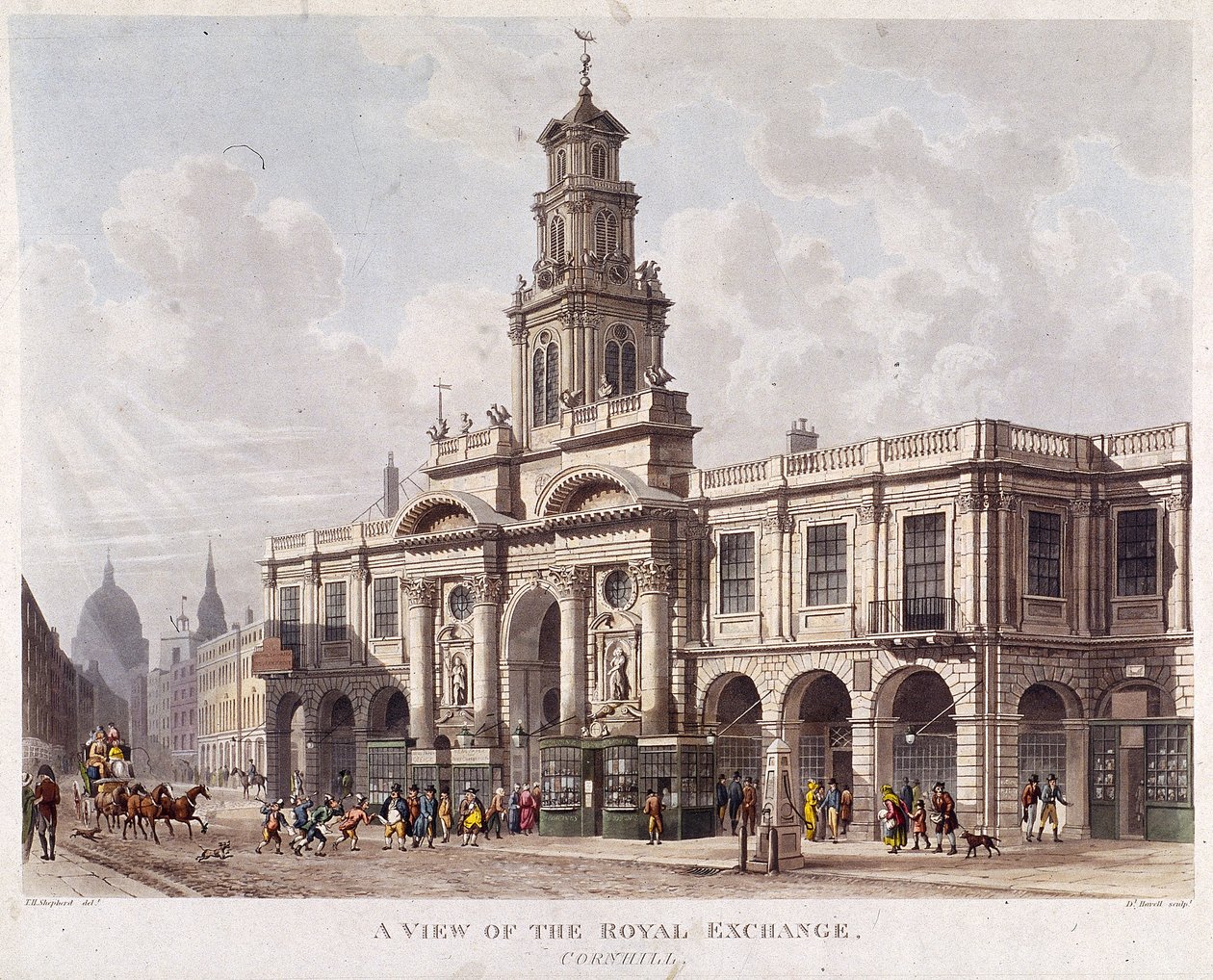 रॉयल एक्सचेंज दूसरा बाहरी, लंदन, 1816 द्वारा डैनियल हैवेल