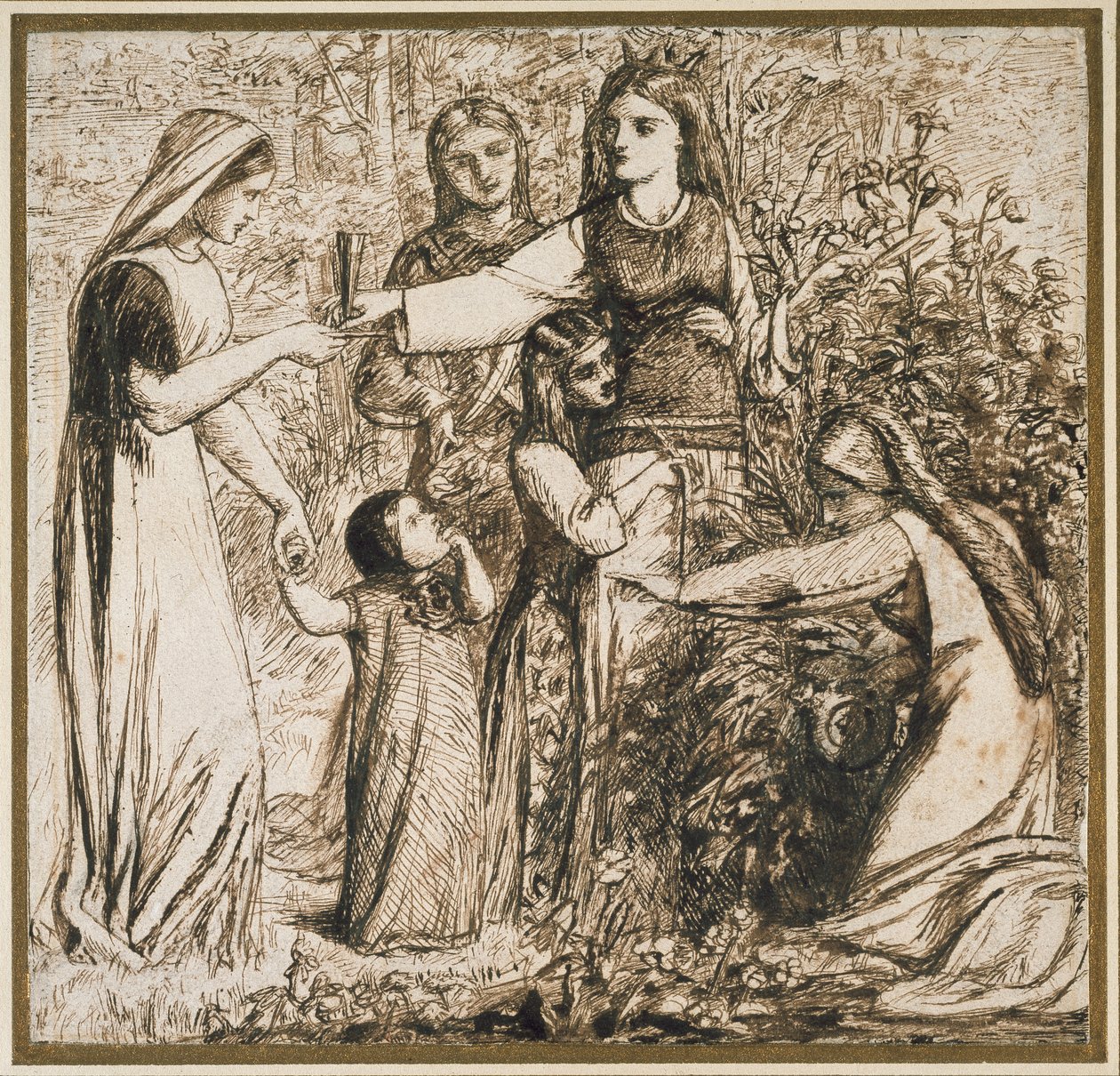 दांते की दृष्टि मटिल्डा सभा फूल, 1855 (ऑफ-व्हाइट पेपर पर पेन और ब्राउन स्याही) द्वारा डांटे गेब्रियल चार्ल्स रोसेटी