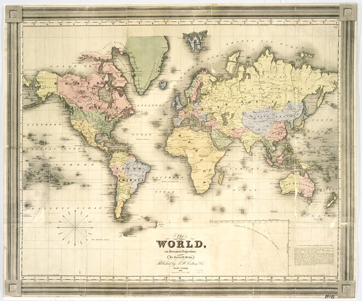 मर्केटर के प्रक्षेपण पर दुनिया, 1840 (हाथ का रंग प्रिंट) द्वारा डेविड बूर