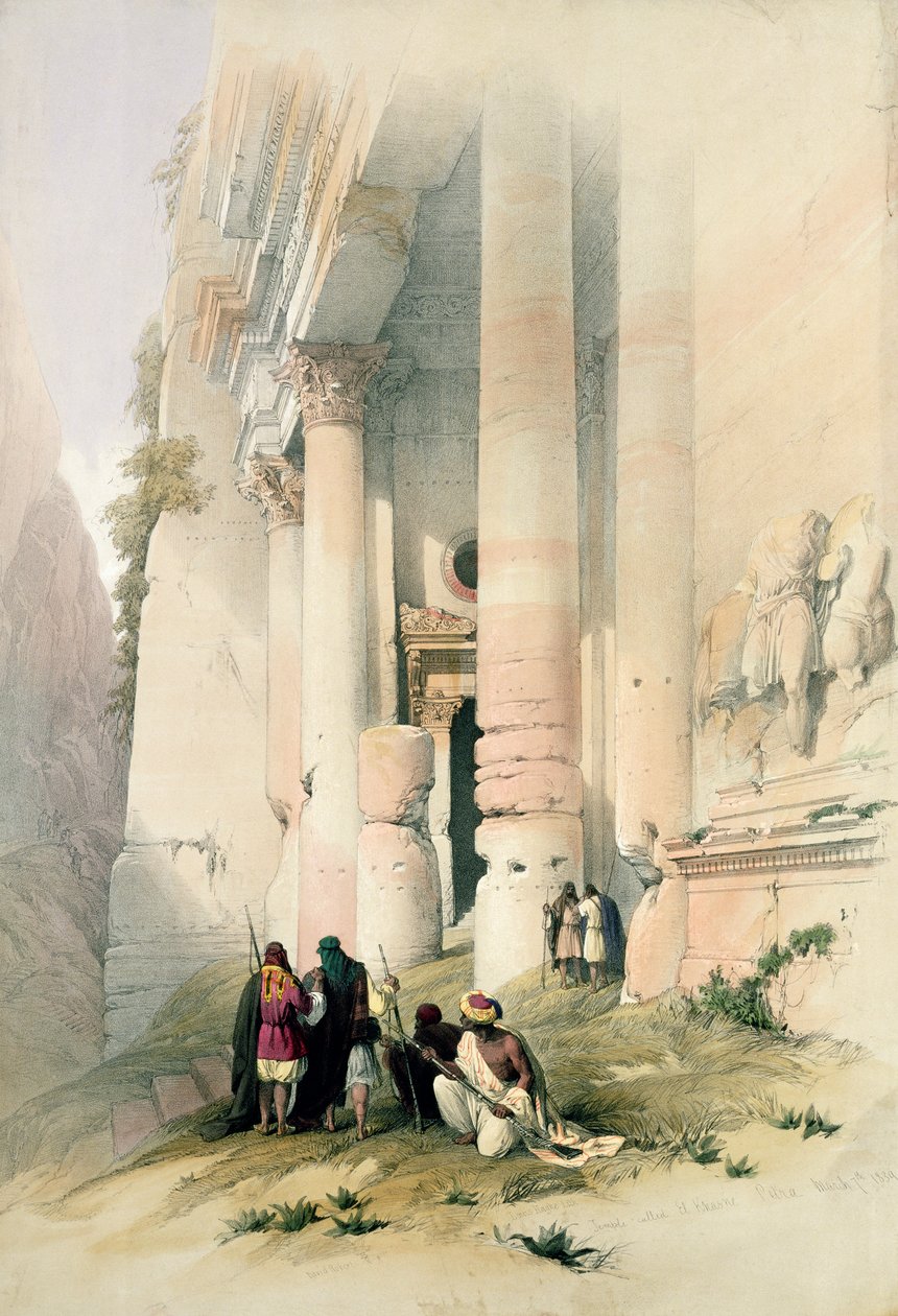 लुई खगे (1806-85) पब द्वारा उत्कीर्ण &39;द होली लैंड&39; के खंड III से एल खसने, पेट्रा, मार्च 7, 1839, प्लेट 94 पर मंदिर बुलाया। 1849 द्वारा डेविड रॉबर्ट्स