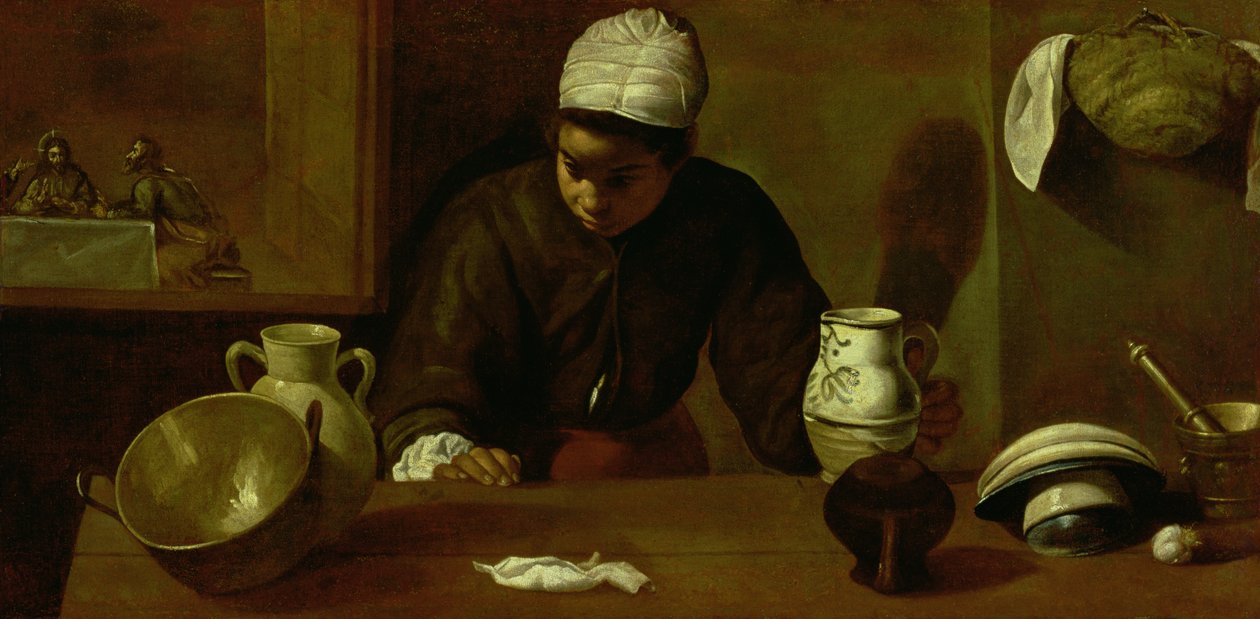एम्मौस में सपर के साथ रसोई नौकरानी, c.1618 द्वारा डिएगो वेलाज़क्वेज़