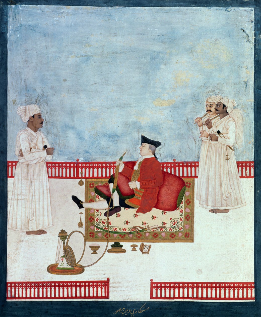 एक यूरोपीय परिचारक के साथ एक छत पर बैठे, c.1760-63 (भारतीय लघु द्वारा चाँद को डुबो दो