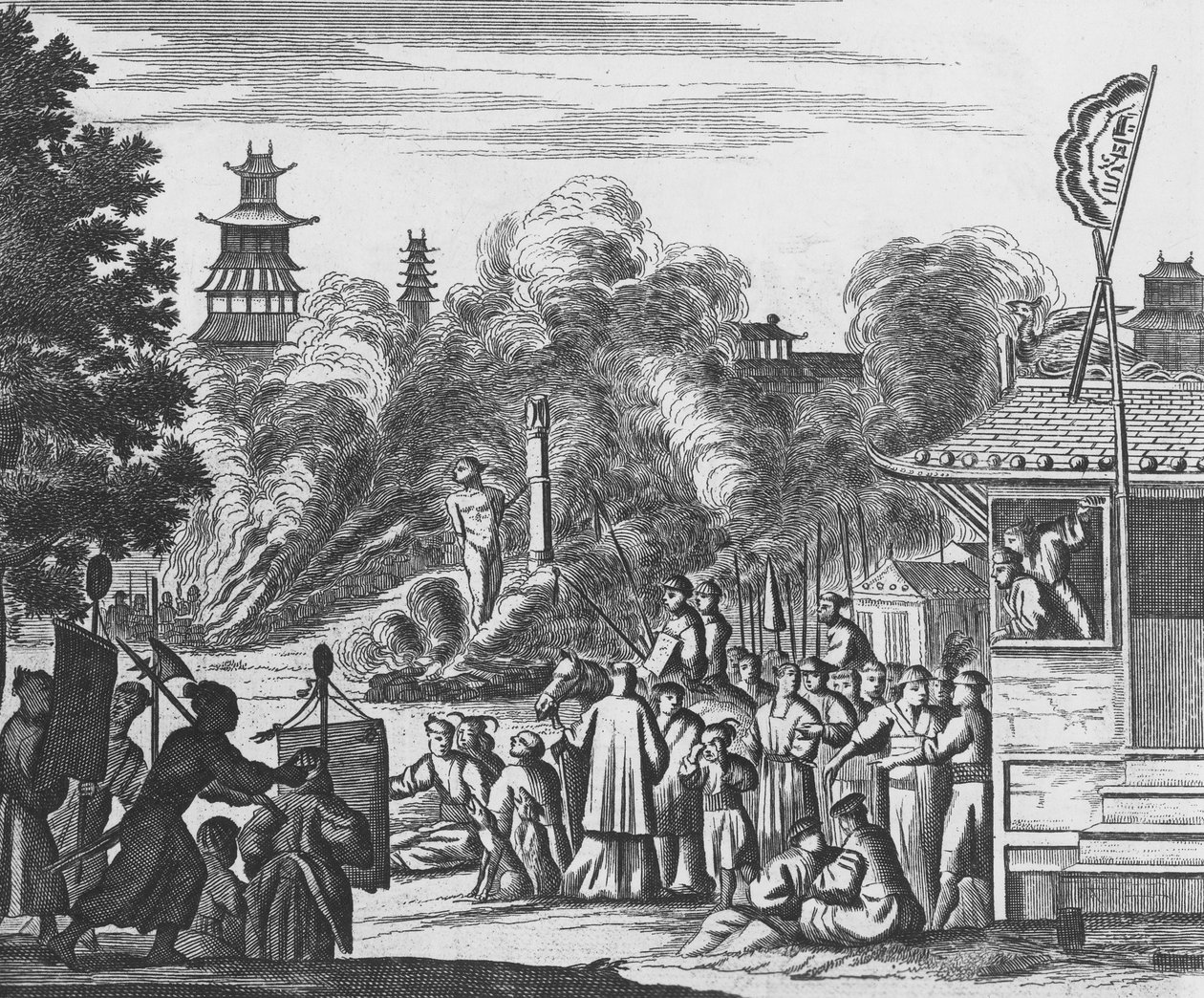 जापान में ईसाइयों का उत्पीड़न, c.1680 (उत्कीर्णन) द्वारा डच स्कूल