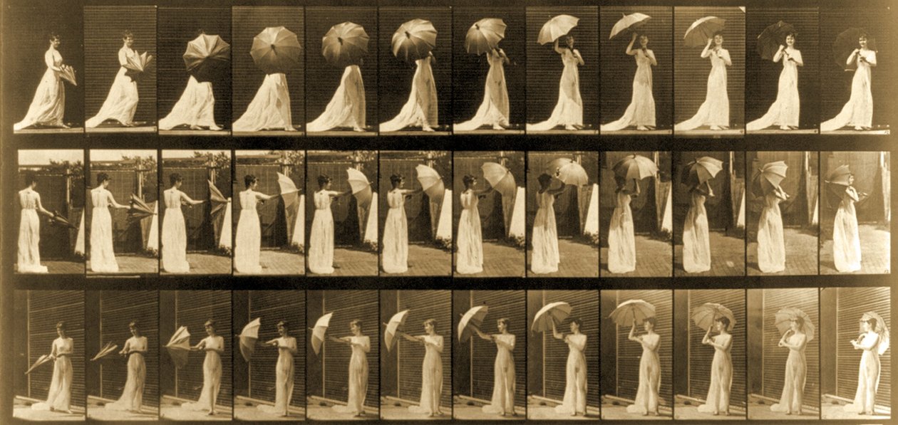 Opening एनिमल लोकोमोशन ’श्रृंखला की छतरी खोलने वाली महिला, c.1887 द्वारा एडवियर्ड मुयब्रिज