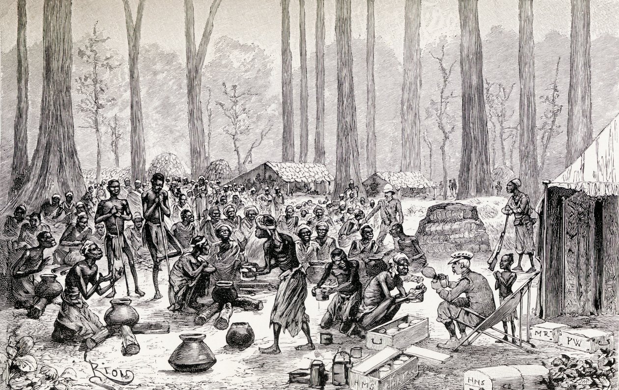 प्योगी मूल निवासी, 1890 (लकड़ी उत्कीर्णन) भूखे रहने के लिए शोरबा के लिए दूध और मक्खन परोसने वाले स्काउट्स द्वारा एडौर्ड रिउ