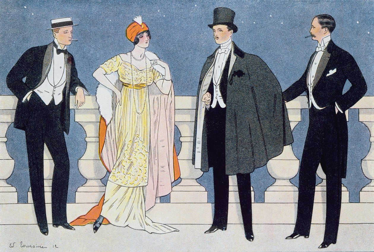 पुरुषों और महिलाओं के लिए सुरुचिपूर्ण शाम की पोशाक, 1912 &39;L&39;Homme Elegant&39; से चित्रण द्वारा एडोर्ड टौयेन
